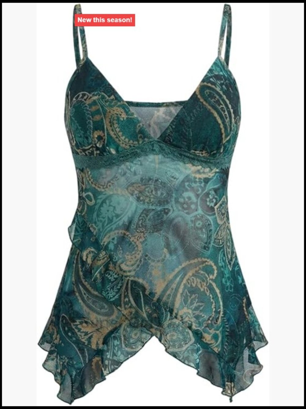 Y2K Paisley Ruffle Sheer Mesh Cami Babydoll Going Out Tops